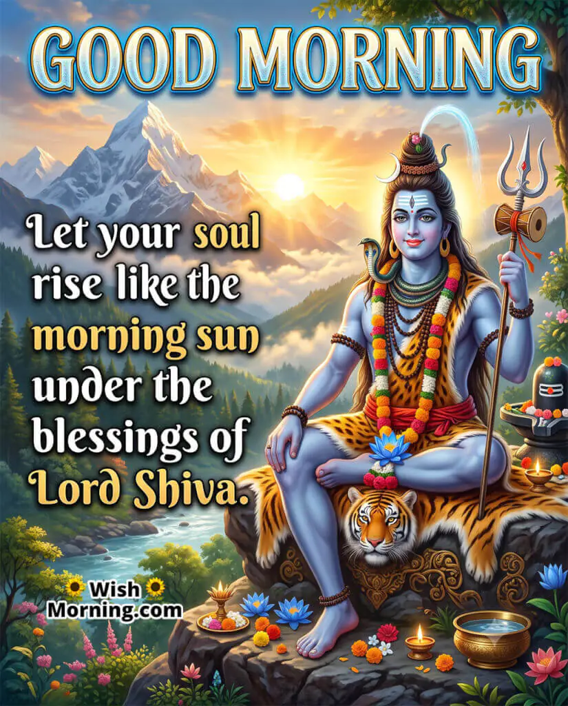 Good Morning Lord Shiva Blessings Wish featuring Lord Shiva seated on a tiger skin before the Himalayan sunrise, symbolizing spiritual awakening, divine protection, and a blessed morning.