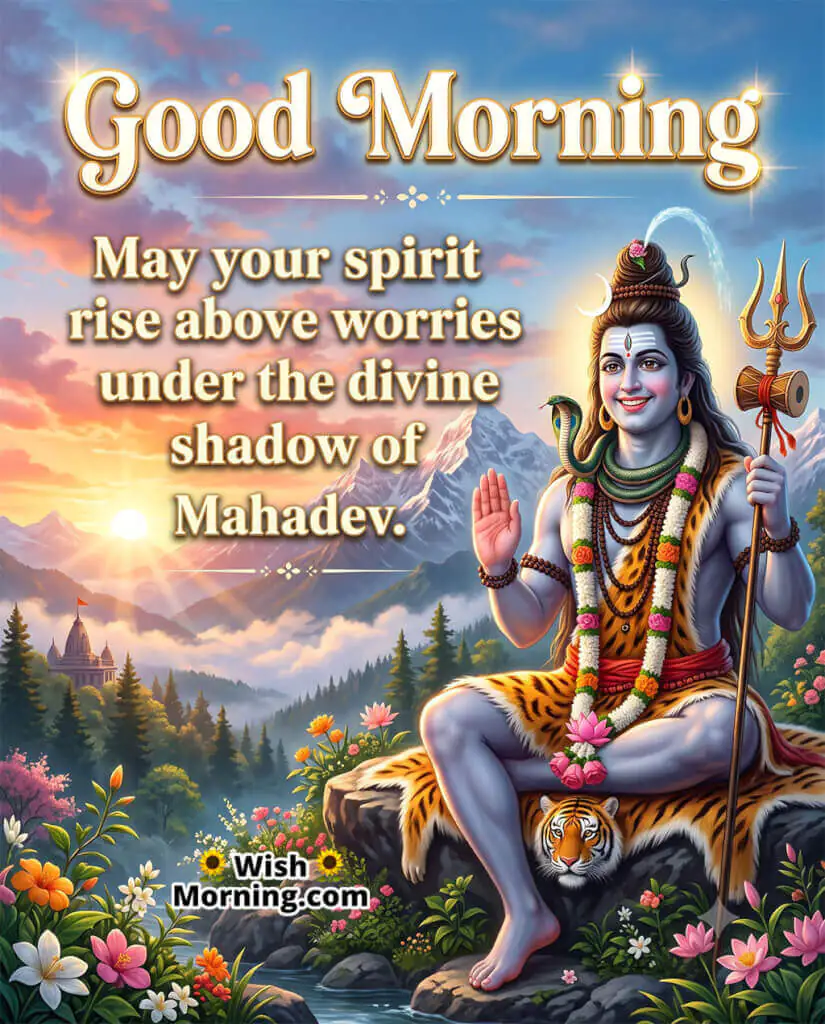 Good Morning Lord Shiva Divine Blessing Wish featuring Lord Shiva seated before a glowing Himalayan sunrise, symbolizing freedom from worries, divine protection, and spiritual strength.