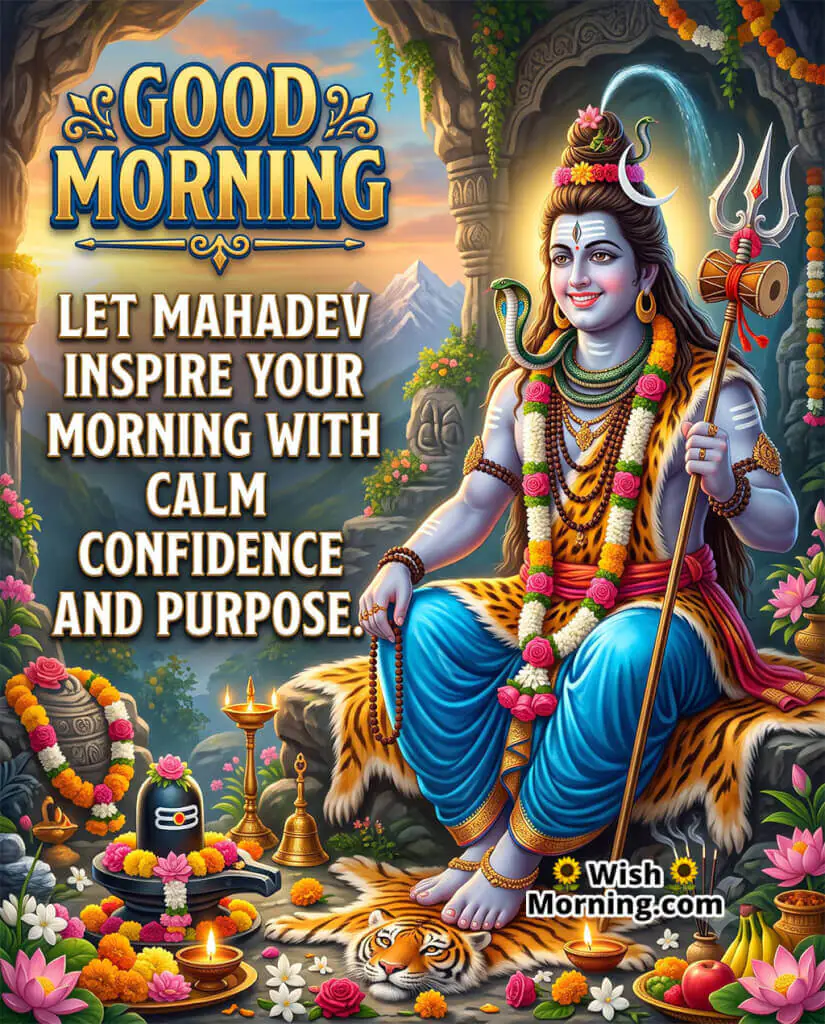 Good Morning Lord Shiva Motivational Quote Wish featuring Lord Shiva seated beside a sacred Shivling in a mountain cave, symbolizing calm confidence, purpose, and the blessings of Mahadev for the day.