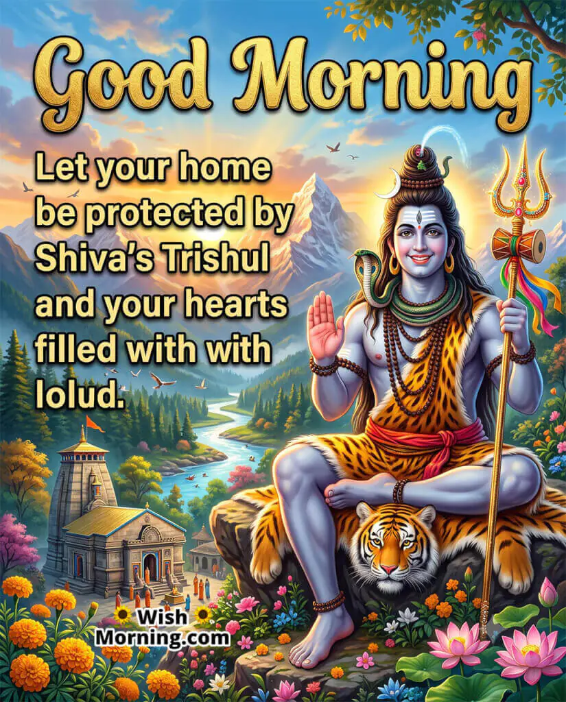 Good Morning Mahadev Blessing for Home and Family featuring Lord Shiva with the sacred Trishul overlooking a temple and mountain valley, symbolizing protection, love, harmony, and blessings for the entire family.