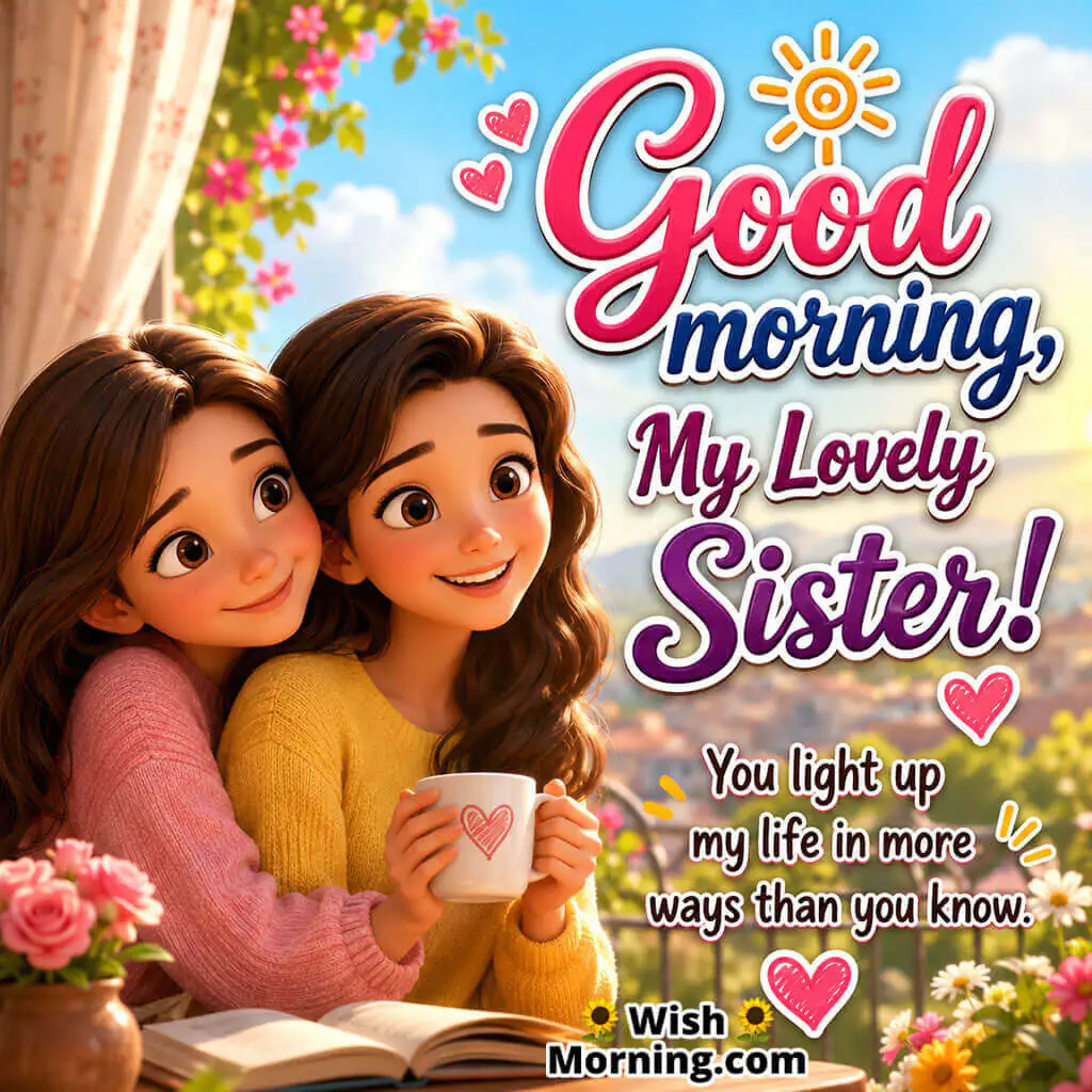 Good Morning My Lovely Sister Wishes Image featuring two smiling sisters enjoying a peaceful morning with a warm drink on a blooming balcony, symbolizing appreciation, care, and lifelong sisterly love.