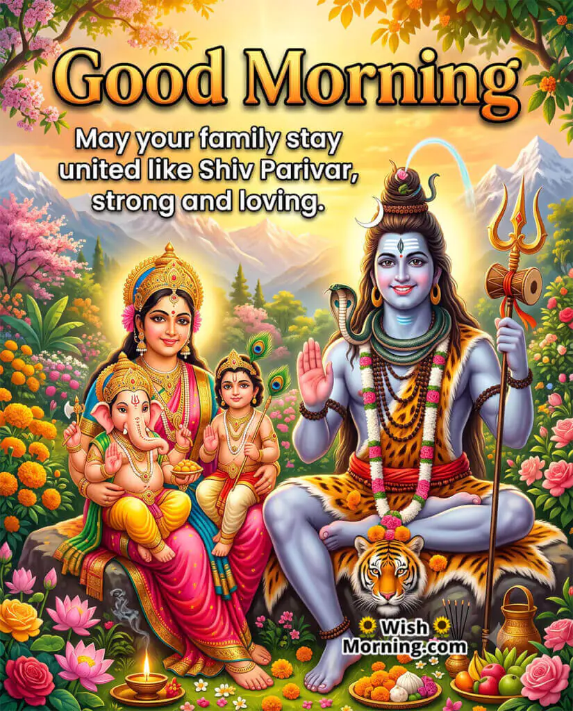 Good Morning Shiv Parivar Loving Family Image featuring Lord Shiva, Goddess Parvati, Lord Ganesha, and Kartikeya, symbolizing a loving family, peace, and everlasting happiness.