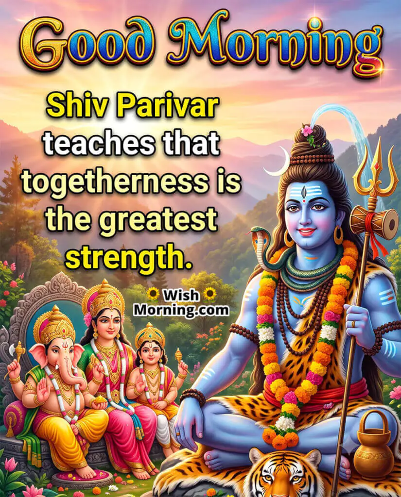 Good Morning Shiv Parivar Togetherness Quote Image featuring Lord Shiva with the divine family, symbolizing togetherness, family values, and unbreakable strength.