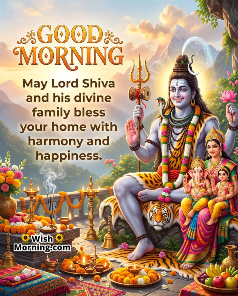 Good Morning Shiva Family Blessings Image featuring Lord Shiva, Goddess Parvati, Lord Ganesha, and Kartikeya, symbolizing harmony, happiness, and divine blessings for every home.