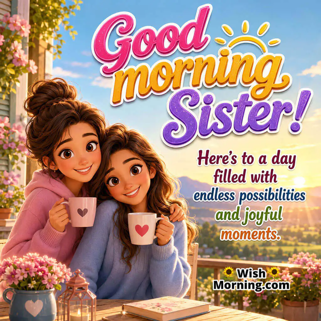 Good Morning Sister Inspirational Wishes Image featuring two happy sisters holding coffee mugs on a bright sunrise balcony surrounded by flowers, symbolizing encouragement, hope, and beautiful new beginnings.