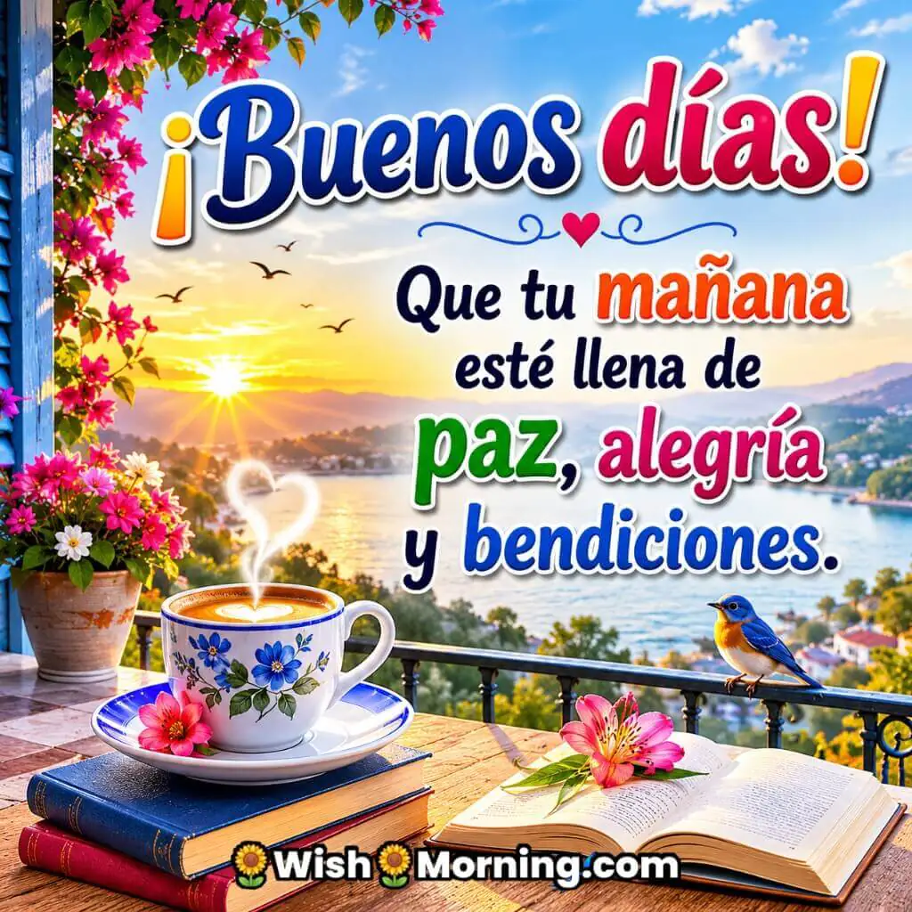 Good Morning Spanish Wishes with Peace, Joy and Blessings featuring a colorful sunrise over a lakeside balcony with a floral coffee cup, books, flowers, and a bird, symbolizing peace, happiness, and blessings for a beautiful morning.
