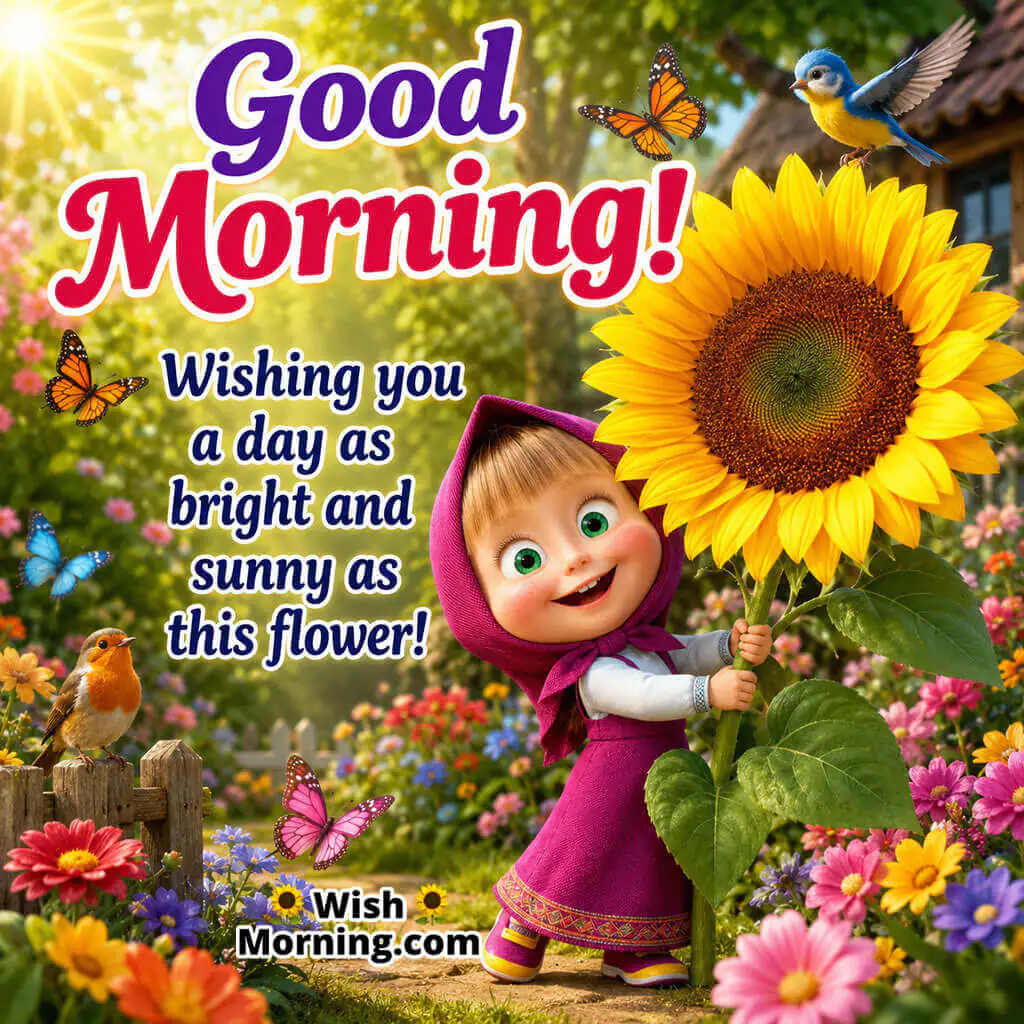 Good Morning Sunflower Masha Image featuring adorable Masha holding a giant sunflower in a colourful garden, symbolising happiness and sunshine.