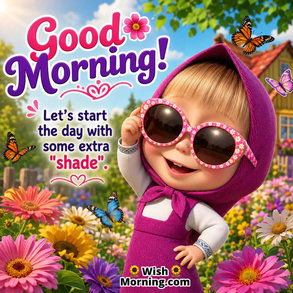 Good Morning Sunglasses Masha Image featuring adorable Masha wearing oversized sunglasses in a colourful morning garden, symbolising fun and confidence.