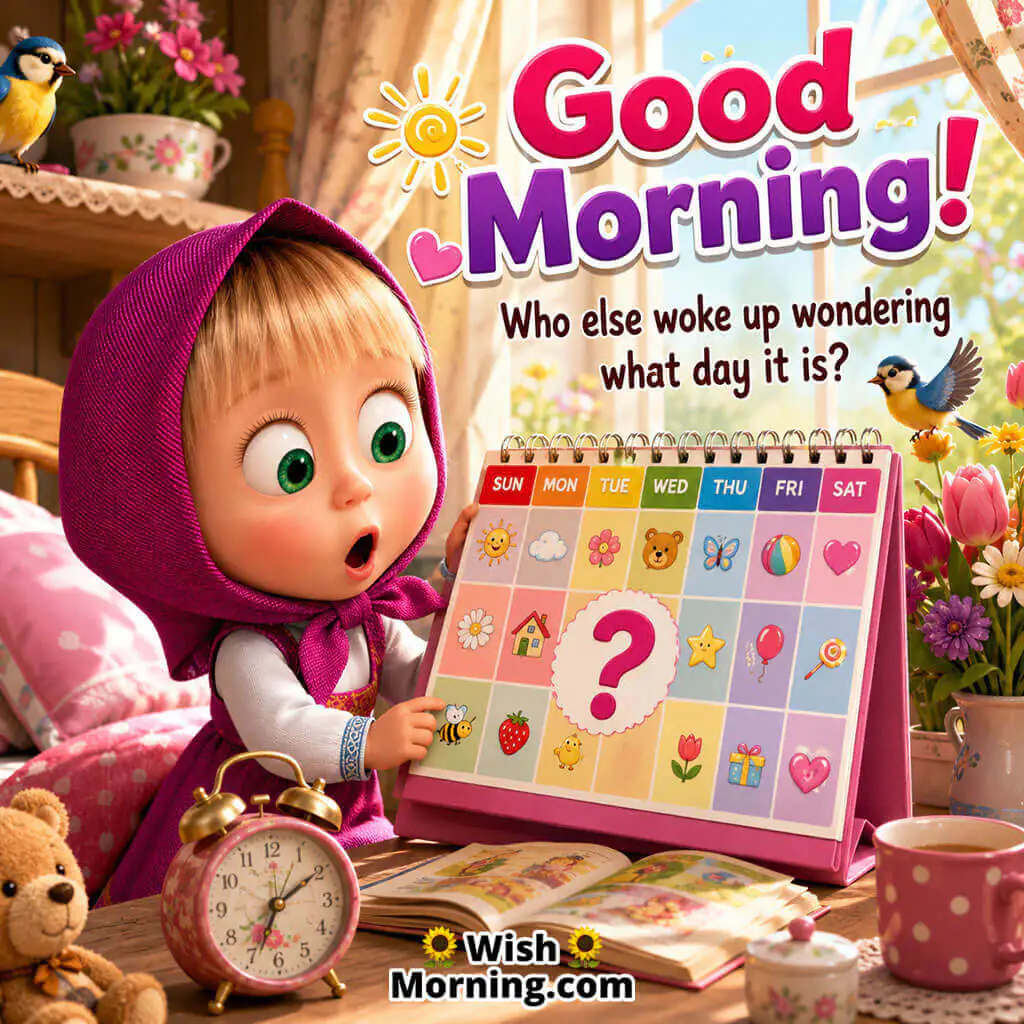 Good Morning Surprised Masha Image featuring adorable Masha looking at a calendar with a funny surprised expression, symbolising a playful morning.