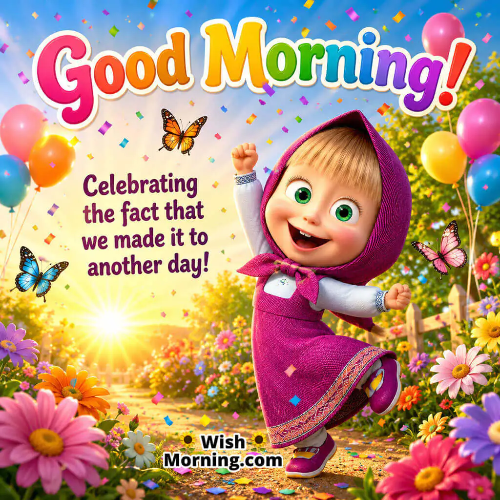 Good Morning Victory Dance Masha Image featuring adorable Masha celebrating with confetti and balloons, symbolising gratitude and joy.