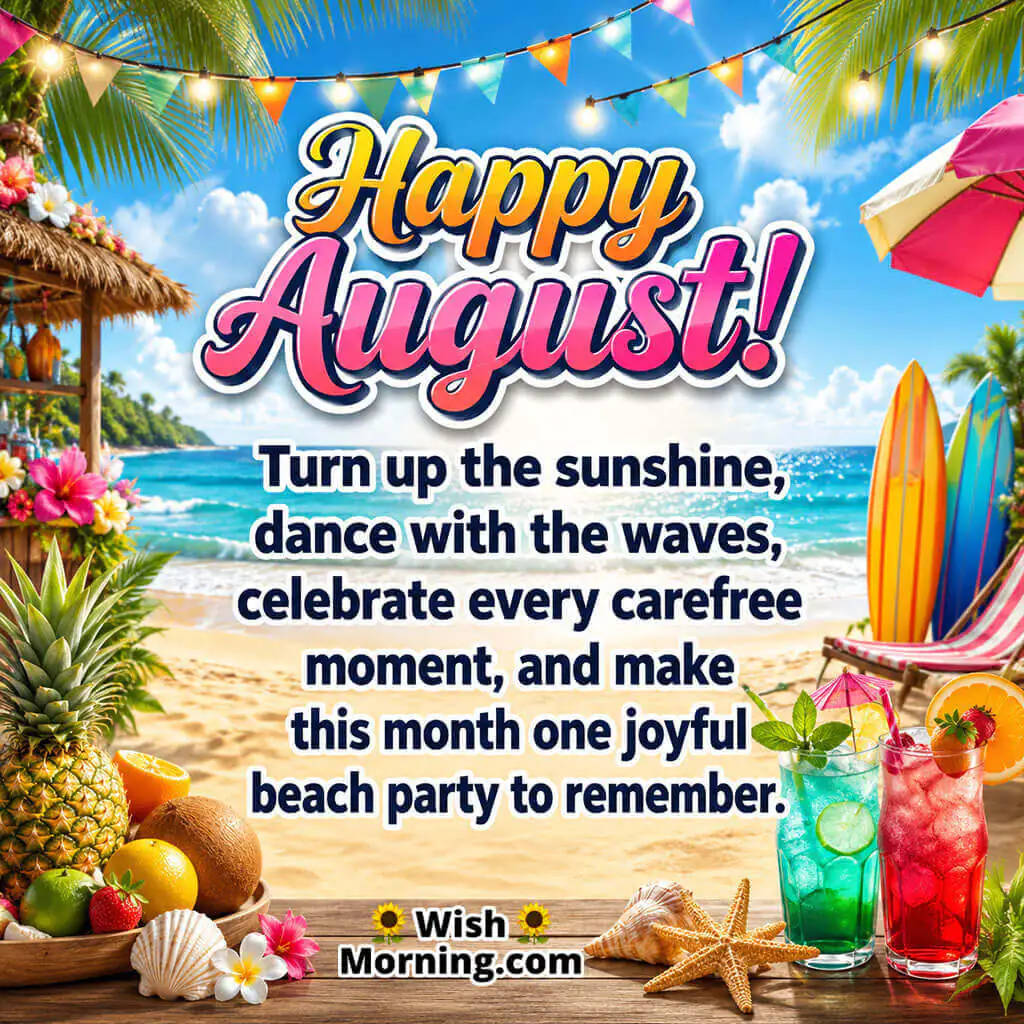 Happy August Beach Party Celebration Image featuring tropical beach drinks, surfboards, seashells, sunshine, and ocean waves, symbolizing carefree fun, summer celebrations, and joyful beach memories.