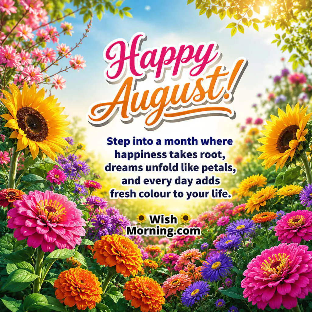 Happy August Blooming Flower Garden Image featuring colourful summer flowers, sunflowers, bright blossoms, and a glowing garden path, symbolizing happiness, fresh dreams, and colourful new beginnings.