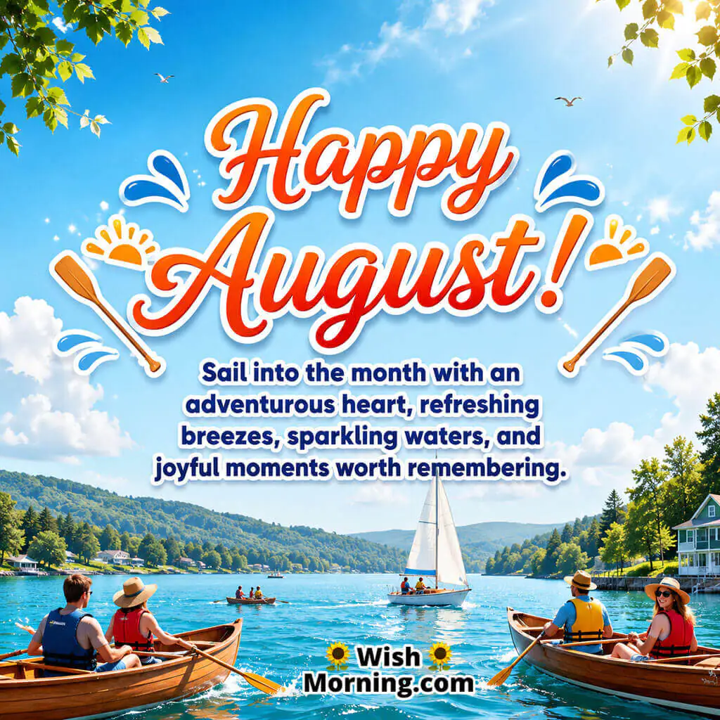 Happy August Boating Adventure Image featuring people rowing boats, a sailboat on a sparkling lake, blue skies, and refreshing waters, symbolizing adventure, freedom, and memorable August experiences.