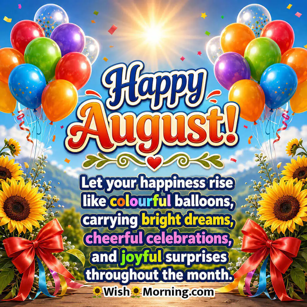 Happy August Colourful Balloon Celebration Image featuring vibrant balloons, bright sunshine, festive ribbons, blooming sunflowers, and confetti, symbolizing rising happiness, cheerful dreams, and joyful celebrations.