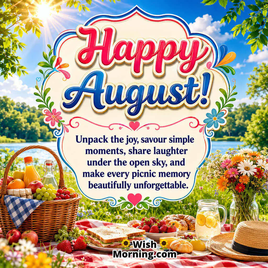 Happy August Family Picnic Image featuring a picnic spread with sandwiches, fruits, lemonade, flowers, and a peaceful green park, symbolizing shared laughter, treasured memories, and relaxing summer outings.