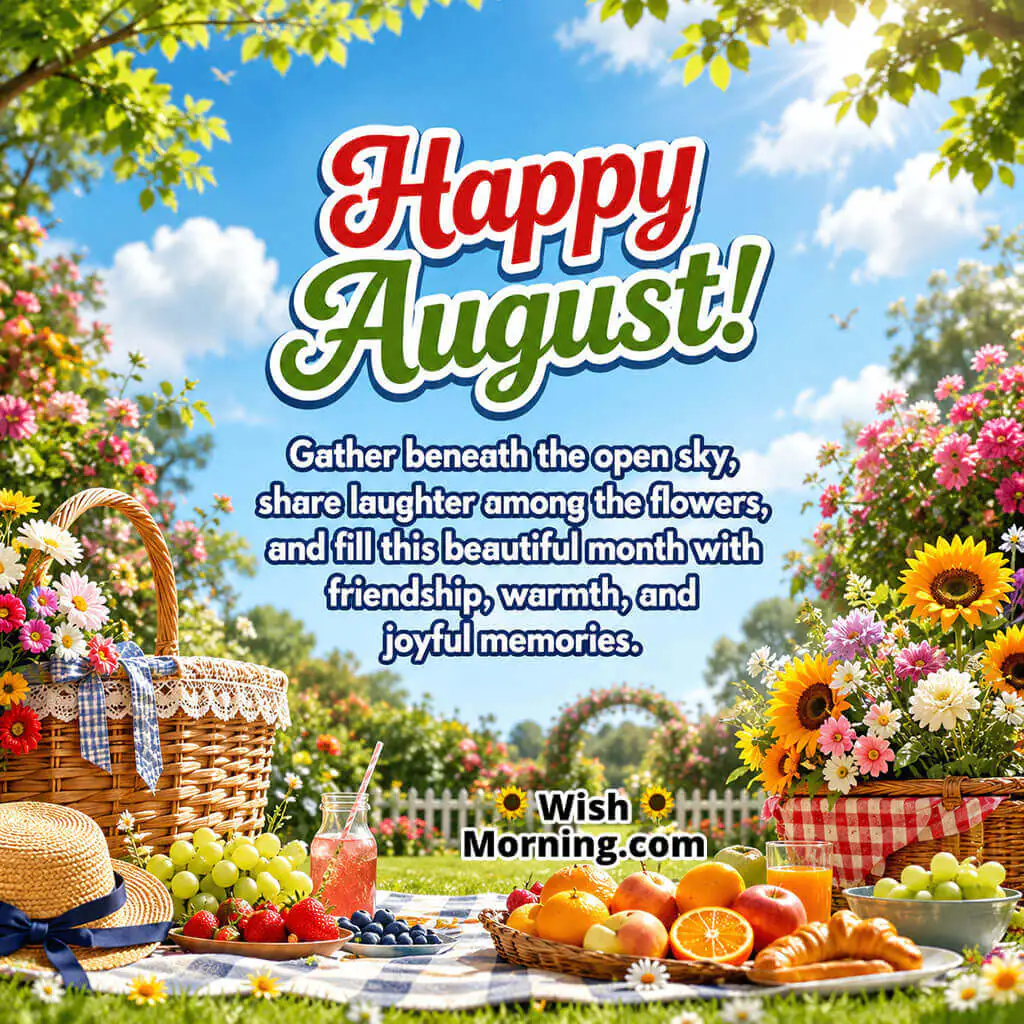 Happy August Garden Picnic Image featuring a picnic basket, fresh fruits, flowers, pastries, and a sunny garden setting, symbolizing friendship, togetherness, laughter, and beautiful outdoor moments.