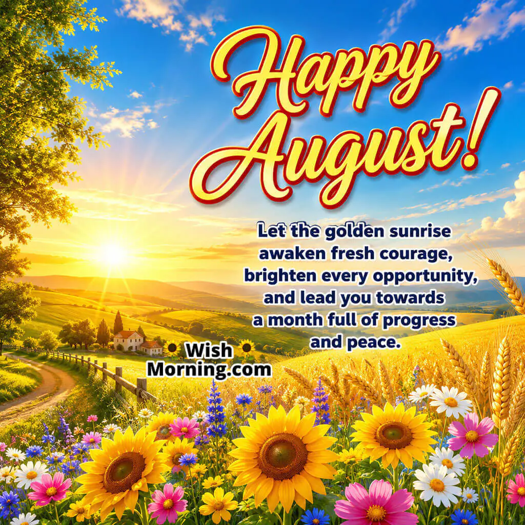Happy August Golden Sunrise Landscape Image featuring a radiant sunrise over rolling hills, sunflower fields, wildflowers, and golden wheat, symbolizing courage, progress, hope, and peaceful beginnings.