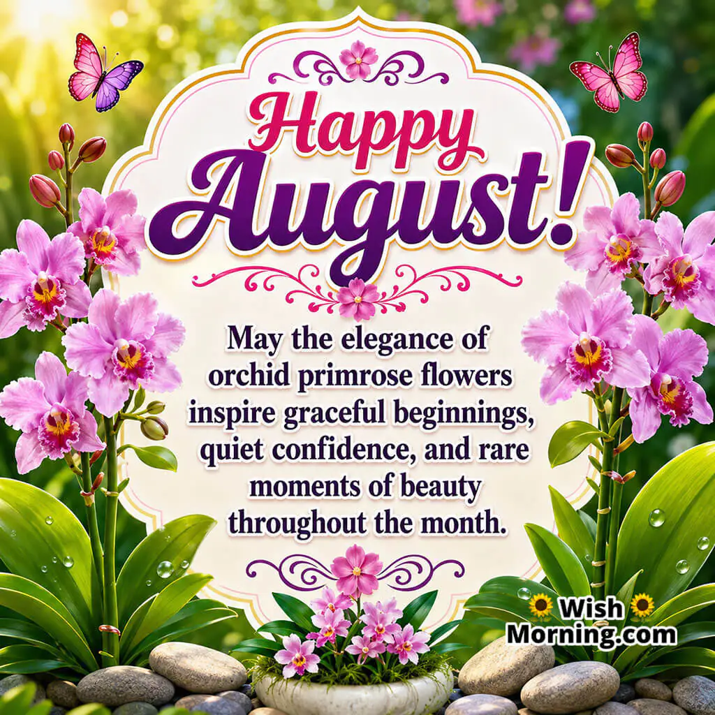 Happy August Orchid Primrose Flower Image featuring elegant orchid primrose blooms, lush green leaves, decorative stones, and a peaceful garden setting, symbolizing graceful beginnings, quiet confidence, and timeless beauty.