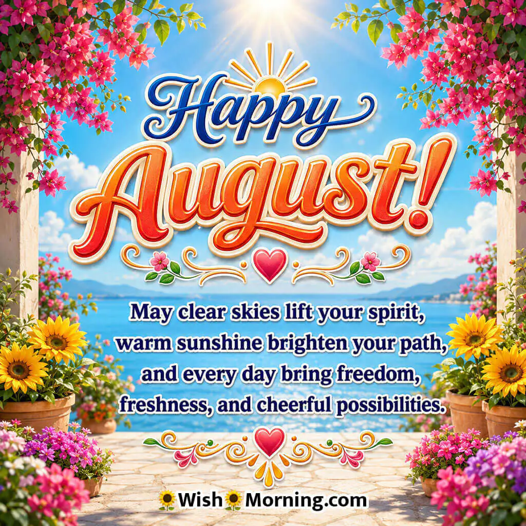 Happy August Sunshine Garden Blessings Image featuring a blooming floral courtyard, blue skies, warm sunshine, and vibrant blossoms, symbolizing cheerful possibilities, freedom, and joyful August days.