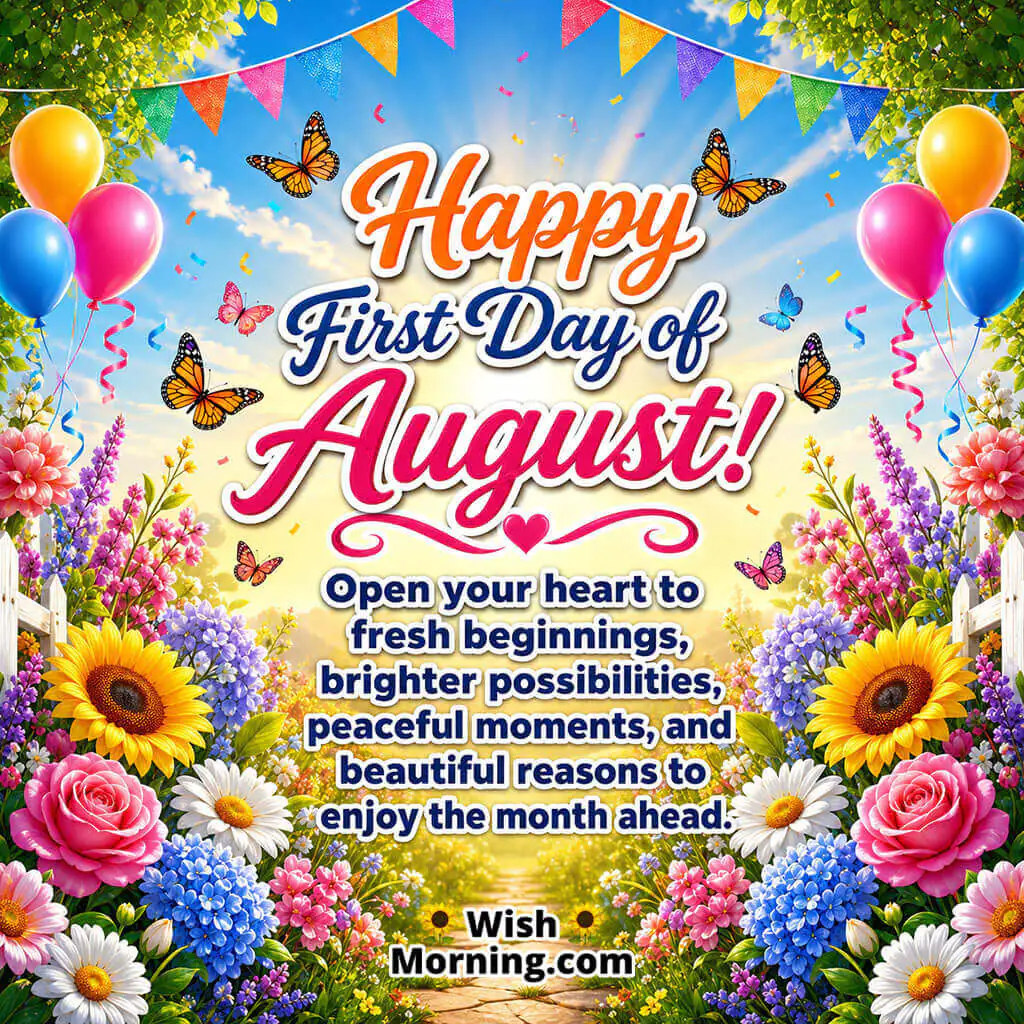 Happy First Day of August Celebration Image featuring colourful balloons, butterflies, blooming flowers, festive bunting, and a bright garden entrance, symbolizing fresh beginnings, celebration, and new opportunities.