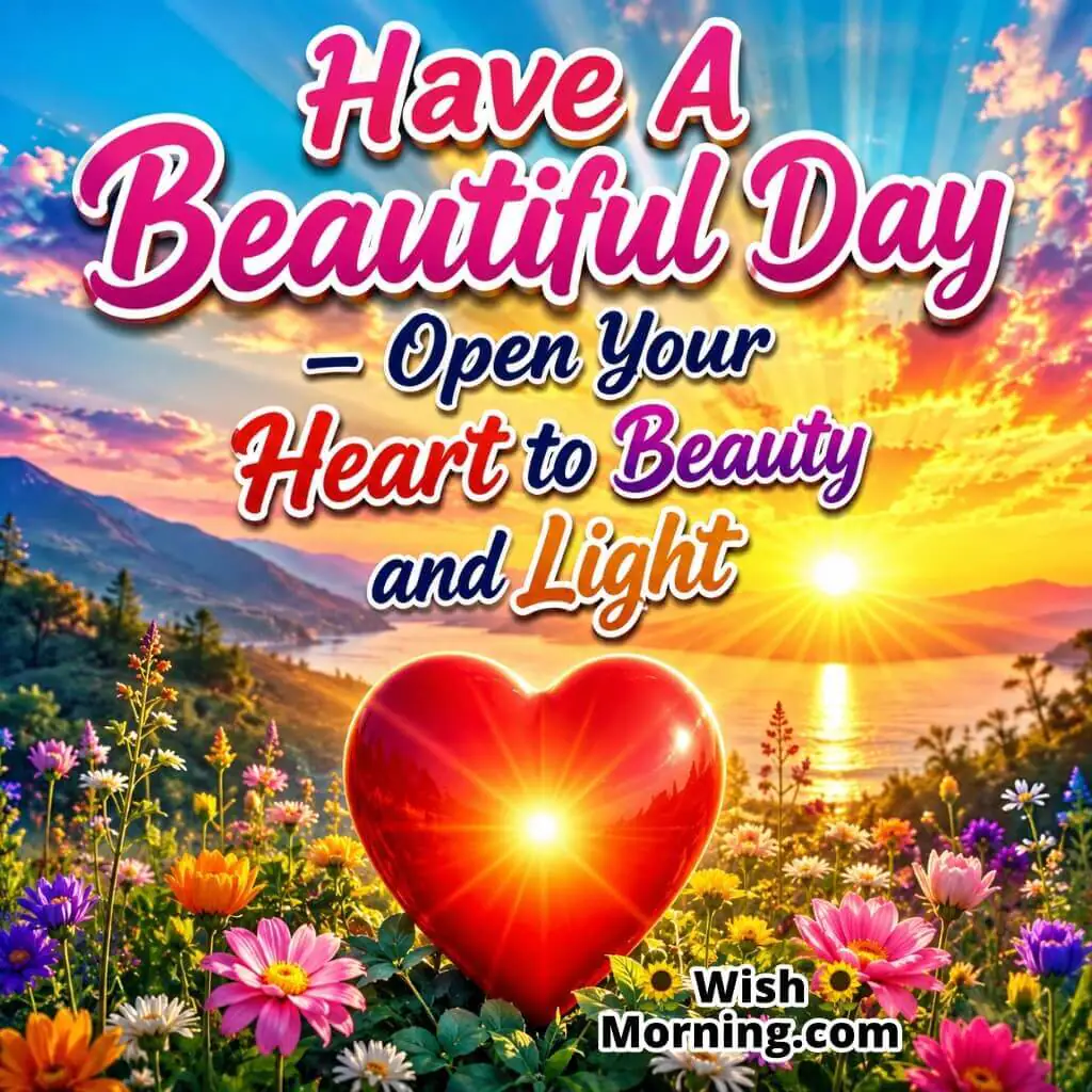 Have a Beautiful Day Heart of Light Image featuring a glowing red heart, colourful wildflowers, a golden sunrise over a peaceful lake, and radiant morning light symbolizing love, beauty, hope, and positivity.
