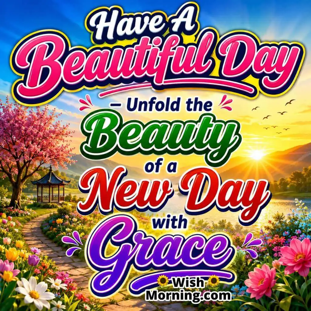 Have a Beautiful Day New Grace Wishes Image featuring a blooming spring garden, flowering tree, peaceful lakeside gazebo, and a glowing sunrise symbolizing fresh beginnings, grace, joy, and natural beauty.