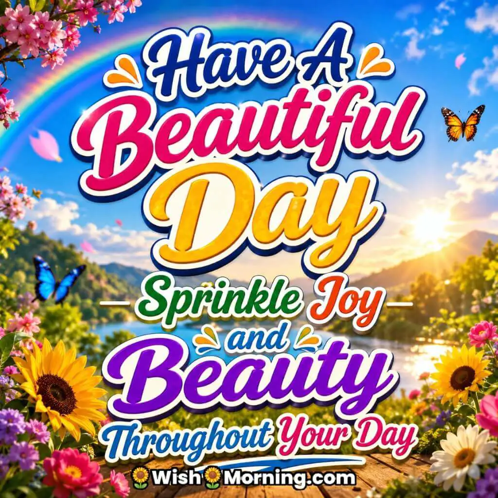Have a Beautiful Day Sprinkle Joy Image featuring a rainbow, blooming flowers, butterflies, and a sparkling sunrise by a tranquil lake symbolizing happiness, beauty, peace, and cheerful moments throughout the day.