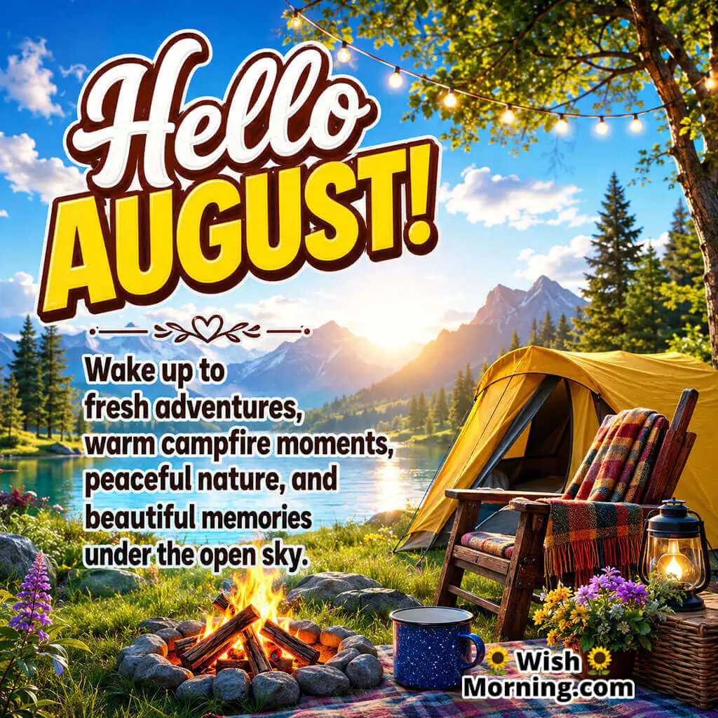Hello August Cozy Camping Adventure Image featuring a lakeside campsite, glowing campfire, mountain sunrise, lantern, and peaceful forest scenery, symbolizing outdoor adventures, warmth, and treasured memories.