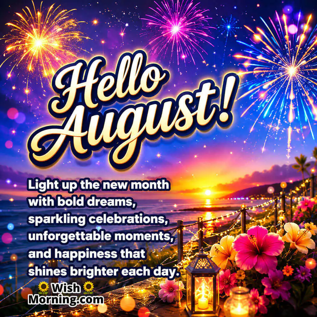 Hello August Fireworks Celebration Image featuring colourful fireworks over a glowing seaside evening, lanterns, tropical flowers, and festive lights, symbolizing joyful celebrations, excitement, and unforgettable memories.
