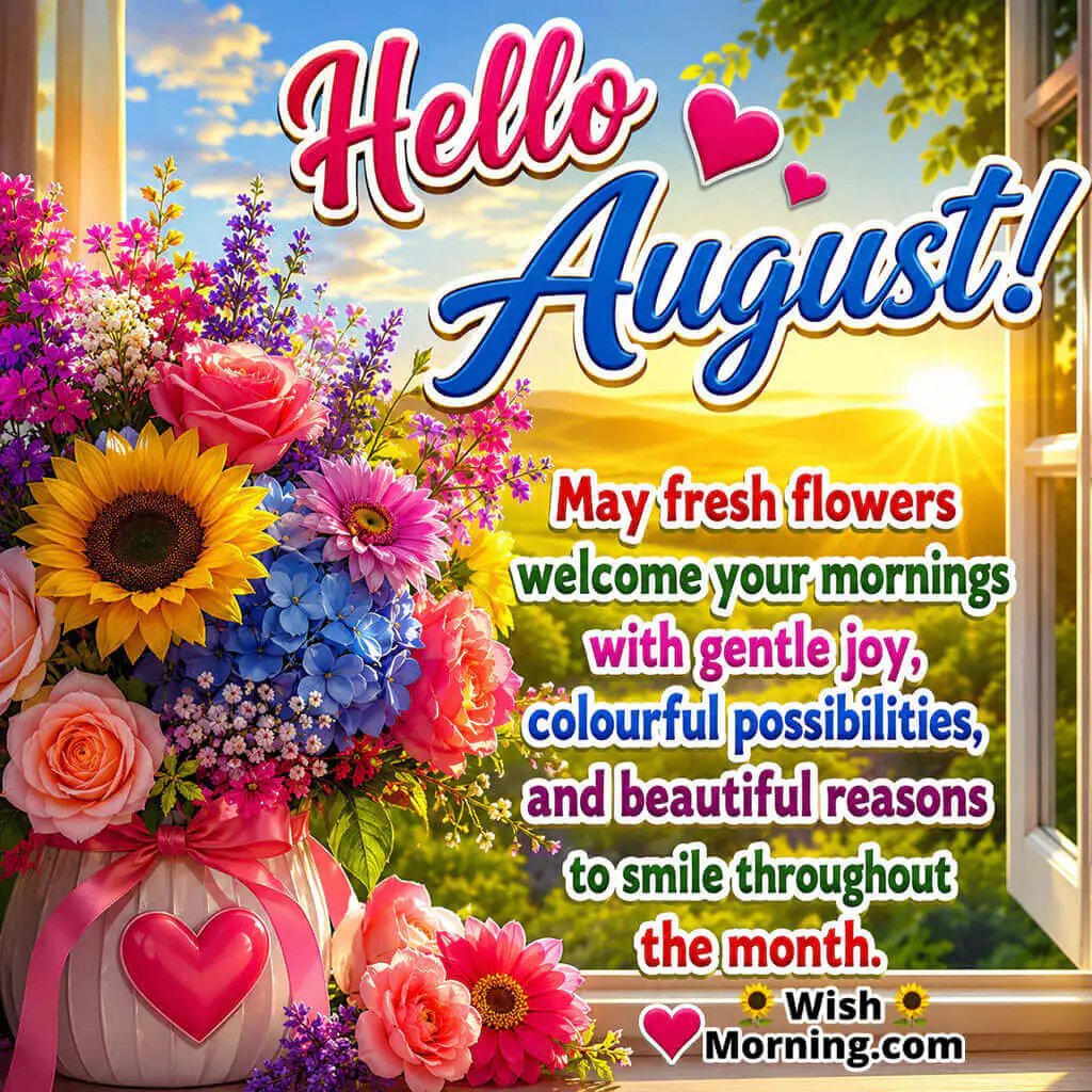 Hello August Fresh Flowers Morning Image featuring a colourful bouquet by an open window overlooking a golden sunrise, symbolizing joyful mornings, fresh beginnings, colourful possibilities, and happiness throughout August.