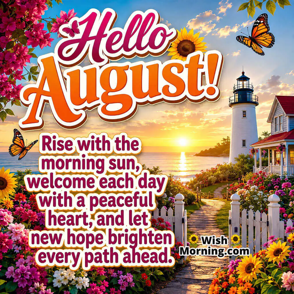 Hello August Lighthouse Sunrise Image featuring a coastal lighthouse, blooming flower garden, butterflies, and a glowing sunrise, symbolizing hope, guidance, peaceful mornings, and bright new paths.
