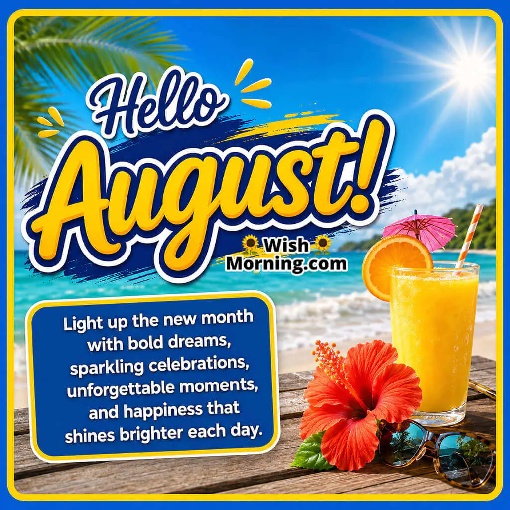 Hello August Sunny Beach Celebration Image featuring a tropical beach, refreshing orange drink, hibiscus flower, bright sunshine, and sparkling waves, symbolizing celebration, happiness, and vibrant summer days.