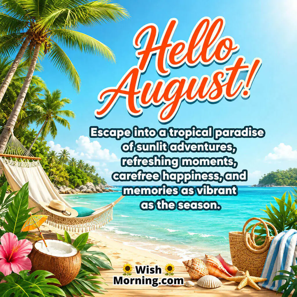 Hello August Tropical Paradise Beach Image featuring a hammock, coconut drink, seashells, turquoise ocean, and swaying palm trees, symbolizing relaxation, refreshing adventures, and carefree August moments.