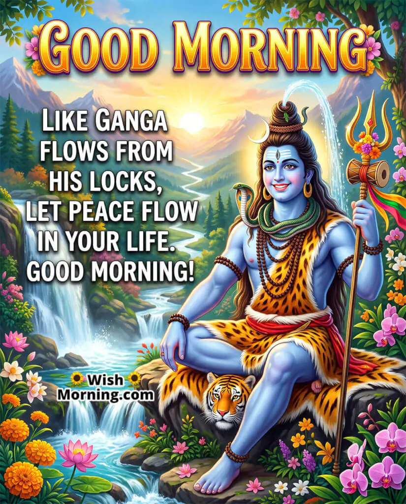 Peaceful Good Morning Lord Shiva Image featuring Lord Shiva beside the flowing Ganga in the Himalayas, symbolizing peace, purity, and a calm beginning to the day.