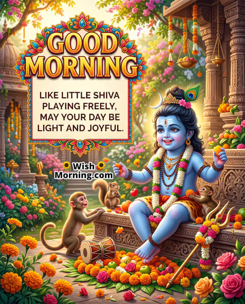 Playful Good Morning Baby Shiva Image featuring Little Shiva happily playing with monkeys in a temple courtyard, symbolizing carefree joy, innocence, and a cheerful new day.