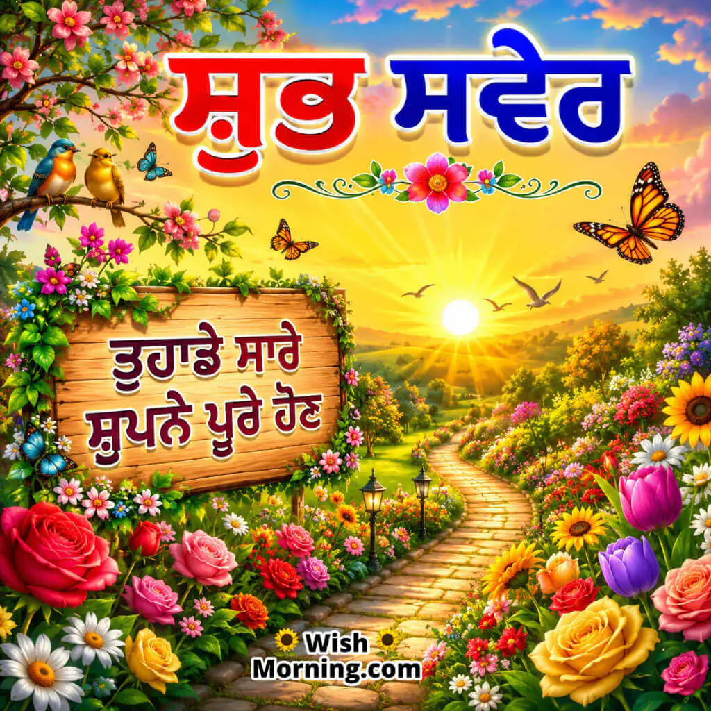Punjabi Good Morning Dreams Come True Image featuring a sunrise pathway through a colorful garden symbolizing hope and fulfilled dreams.
