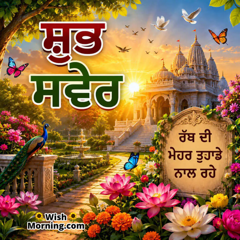 Punjabi Good Morning God's Blessings Image featuring a peaceful sunrise temple garden symbolizing divine blessings and hope.