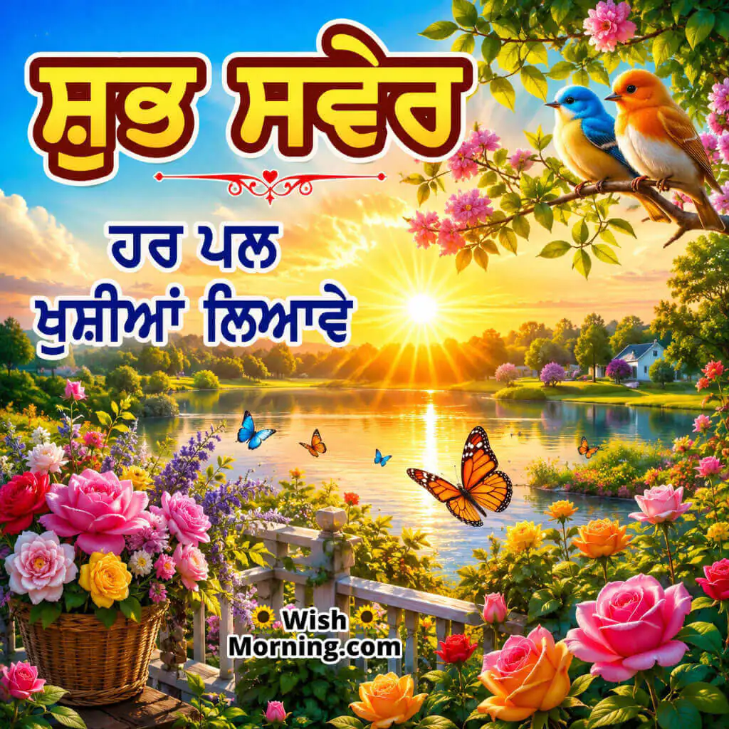 Punjabi Good Morning Happiness Every Moment Image featuring a colorful sunrise garden with butterflies and flowers symbolizing joyful moments throughout the day.