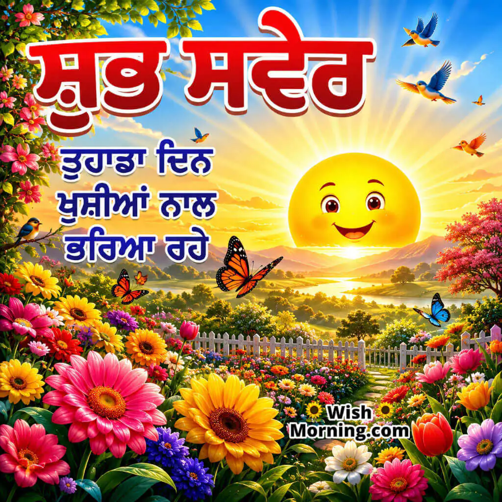 Punjabi Good Morning Happiness Wish Image featuring a cheerful sunrise garden with colorful flowers symbolizing happiness and positivity.