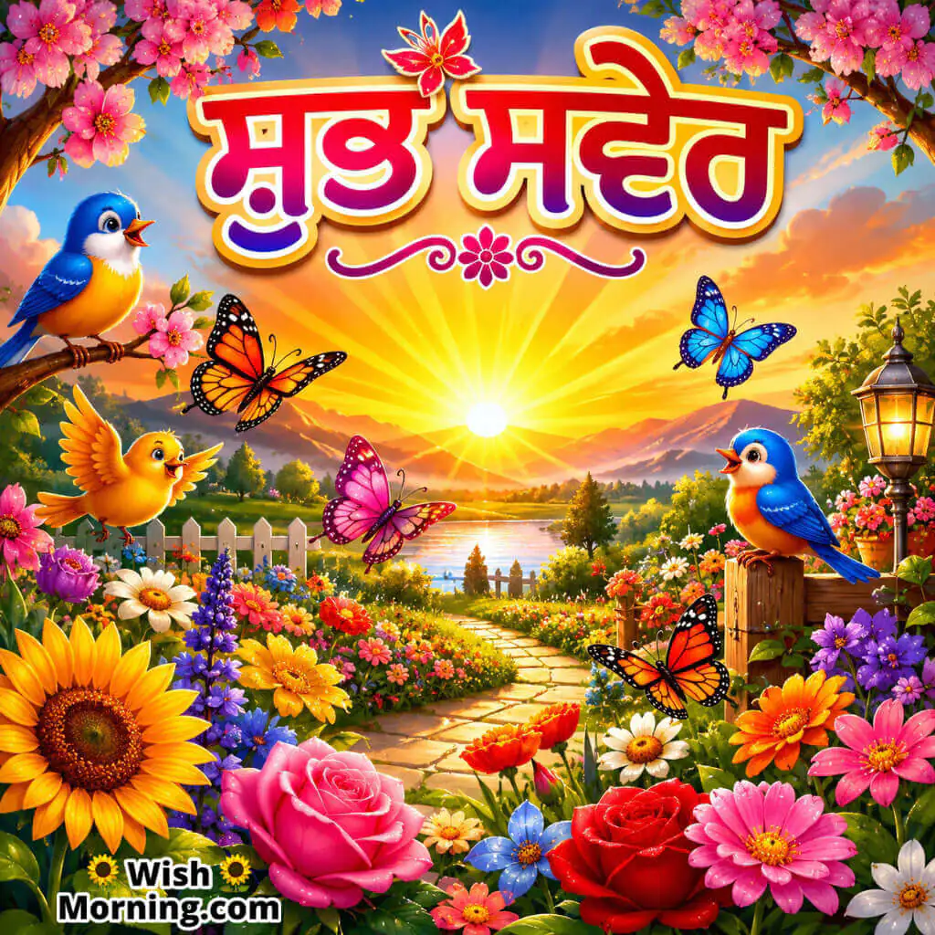 Punjabi Good Morning Image featuring a colorful sunrise garden with blooming flowers symbolizing a joyful new beginning.