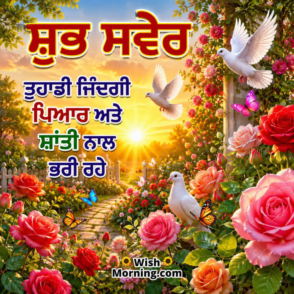Punjabi Good Morning Love and Peace Image featuring blooming roses and white doves in a sunrise garden symbolizing harmony and happiness.