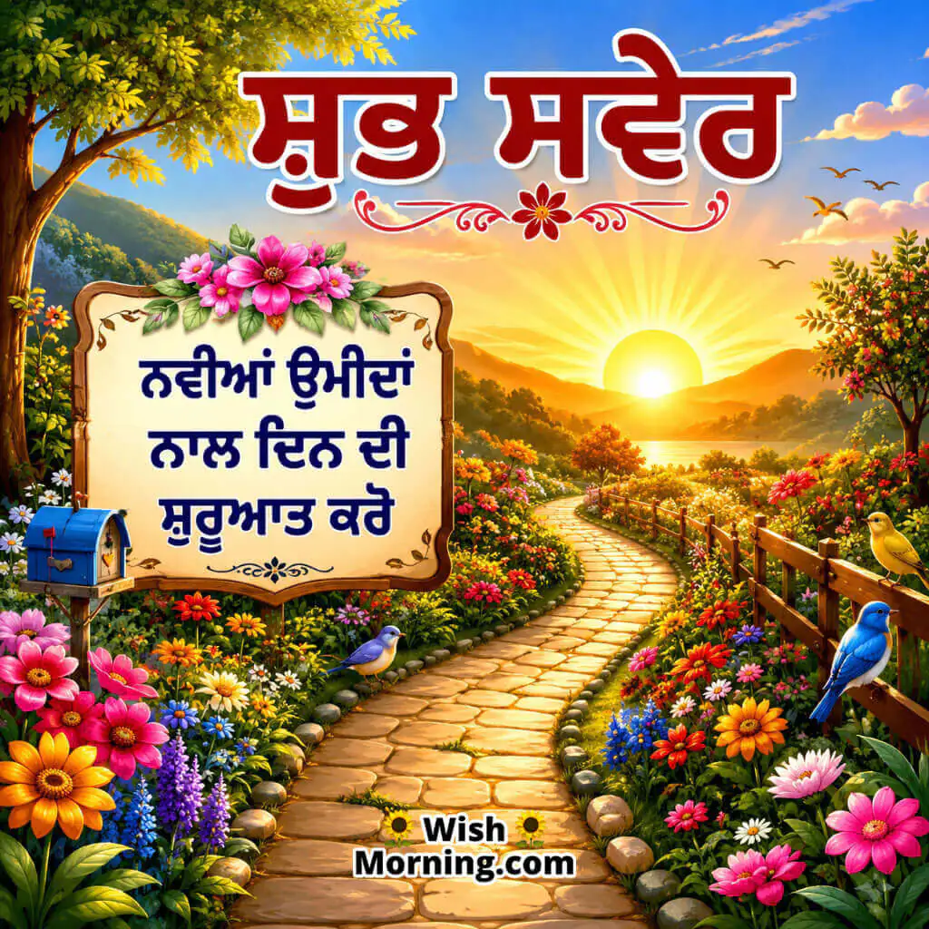 Punjabi Good Morning New Hope Image featuring a sunrise pathway through a colorful garden symbolizing fresh beginnings and optimism.