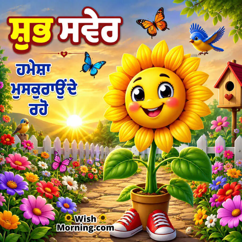 Punjabi Good Morning Smile Message Image featuring a smiling sunflower character in a colorful sunrise garden symbolizing happiness and positivity.