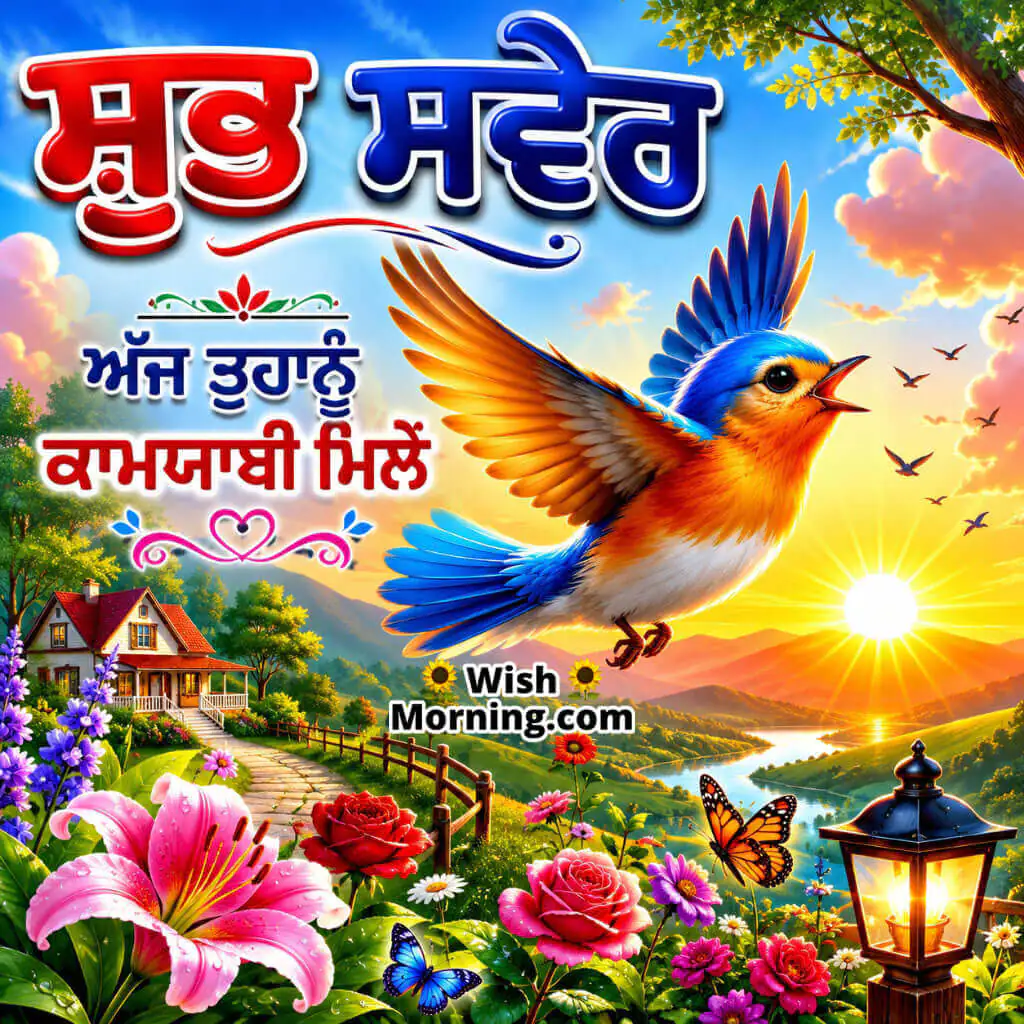 Punjabi Good Morning Success Wish Image featuring a bird flying toward a sunrise symbolizing achievement and confidence.