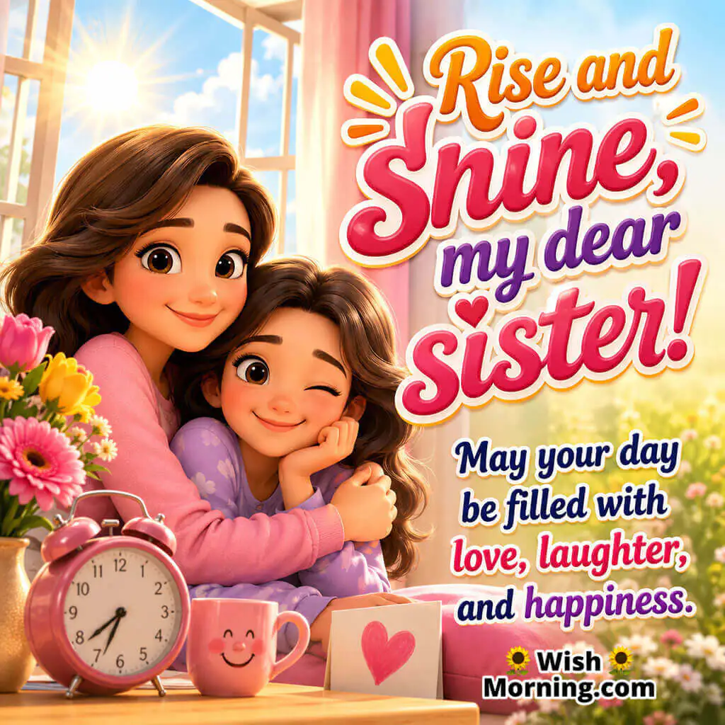 Rise and Shine Good Morning Sister Image featuring two cheerful sisters sharing a heartfelt morning hug by a sunny window with flowers, coffee, and an alarm clock, symbolizing love, laughter, and a joyful start