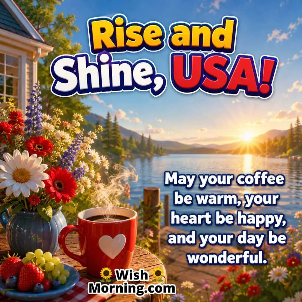 Rise and Shine USA Coffee Morning Wishes Image featuring a steaming coffee cup beside a lakeside sunrise with colourful flowers, symbolizing warmth, comfort, and cheerful morning moments.