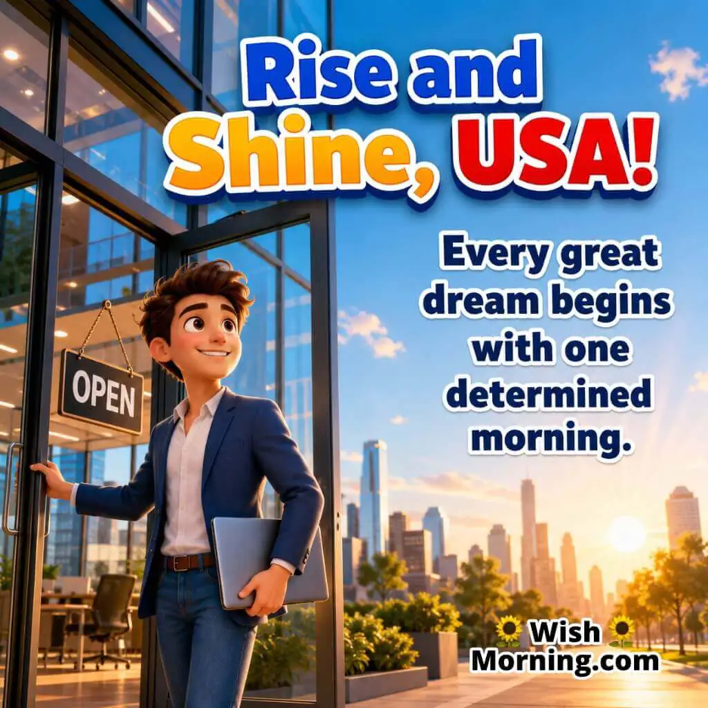 Rise and Shine USA Entrepreneur Morning Image featuring a young entrepreneur opening a modern office at sunrise, symbolizing determination, success, and new opportunities.