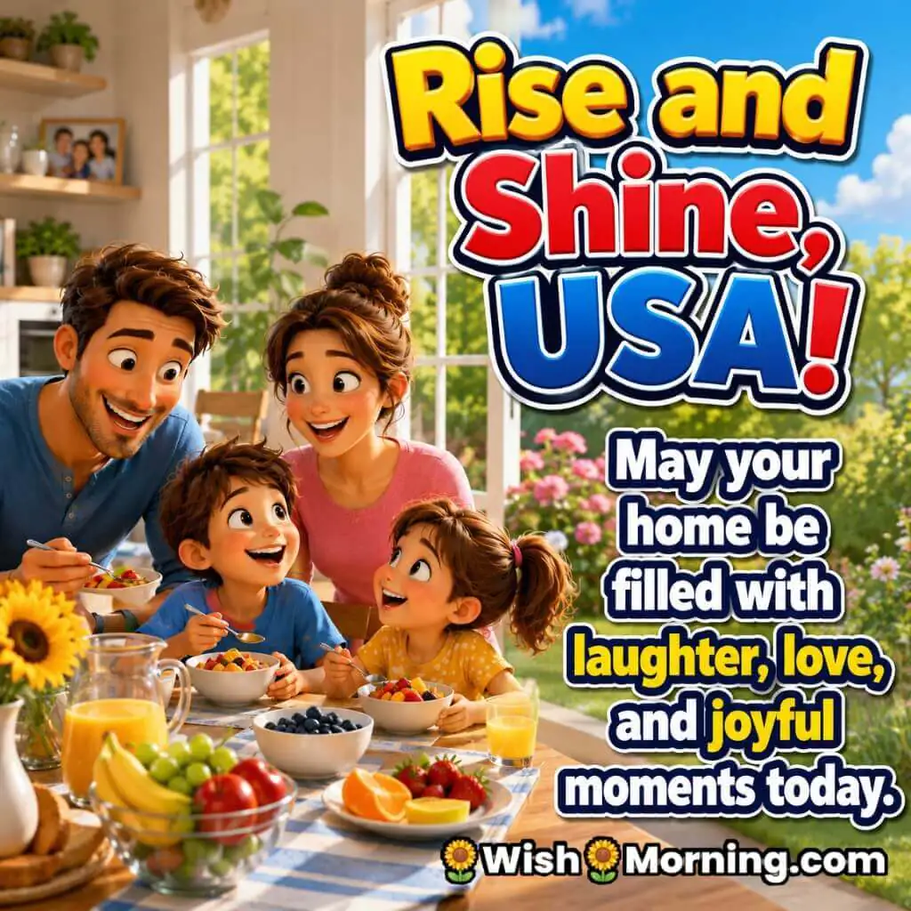 Rise and Shine USA Family Morning Wishes Image featuring a happy family enjoying breakfast together in a bright sunlit home, symbolizing love, laughter, togetherness, and joyful morning blessings.