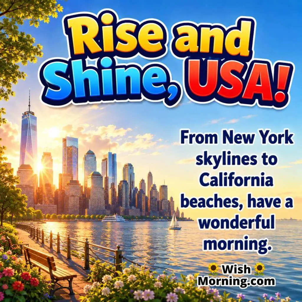 Rise and Shine USA New York Morning Image featuring the New York skyline glowing at sunrise along the waterfront, symbolizing a bright beginning and warm morning wishes across America.