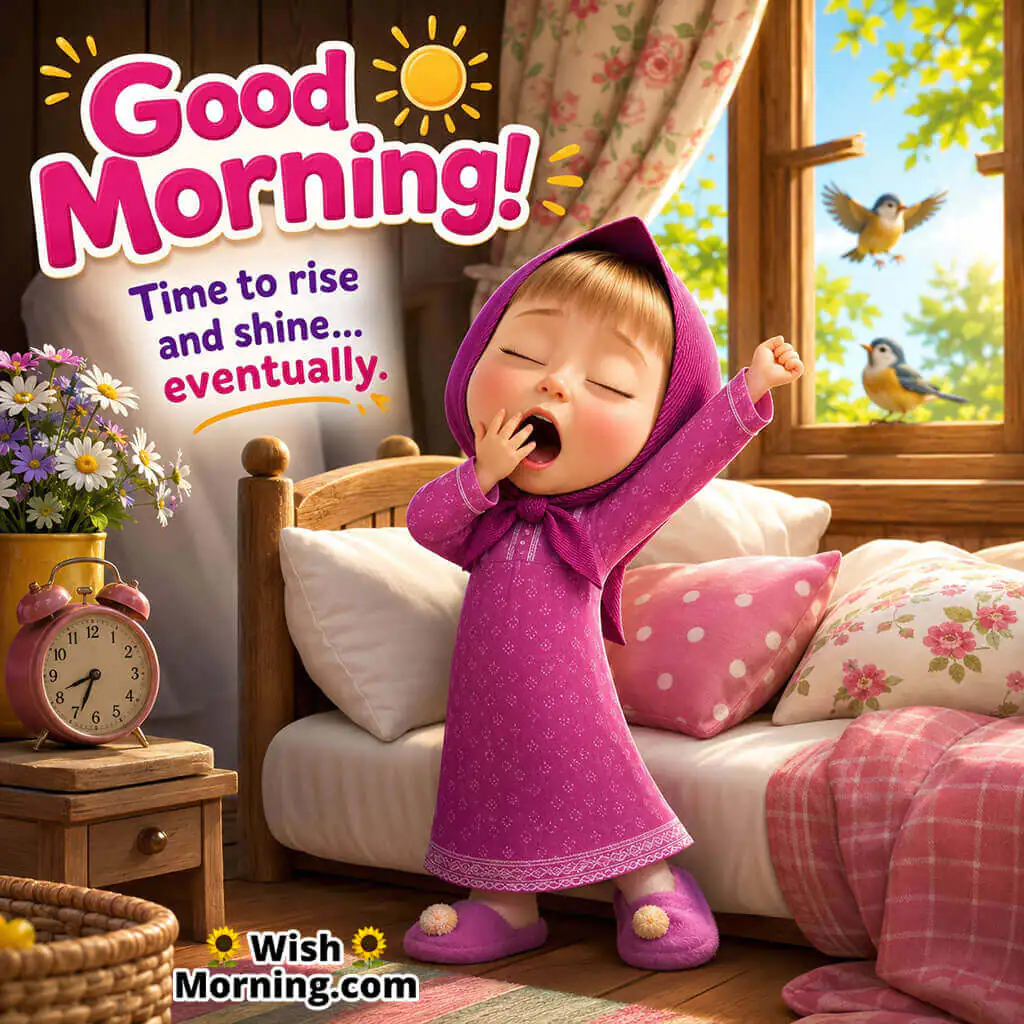 Sleepy Good Morning Masha Image featuring adorable Masha yawning in a cosy bedroom, symbolising a slow and cheerful morning.